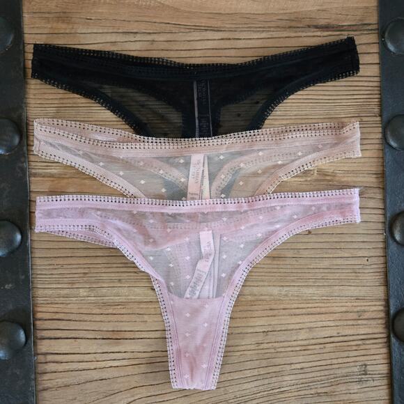 Victoria's Secret Mesh Pokadot Basic Colors Thong Bundle Sz Small New - Picture 1 of 5